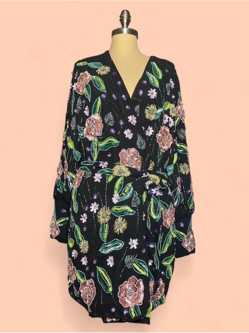 ASOS Beaded/Embellished Black Floral Wrap Mini Dress - Picture 5 of 11